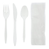 AmerCareRoyal 4-in-1 Disposable Silverware Medium Weight Plastic Utensil Set with Teaspoon, Fork, Knife and 12x13 inch Napkin - Individually Wrapped
