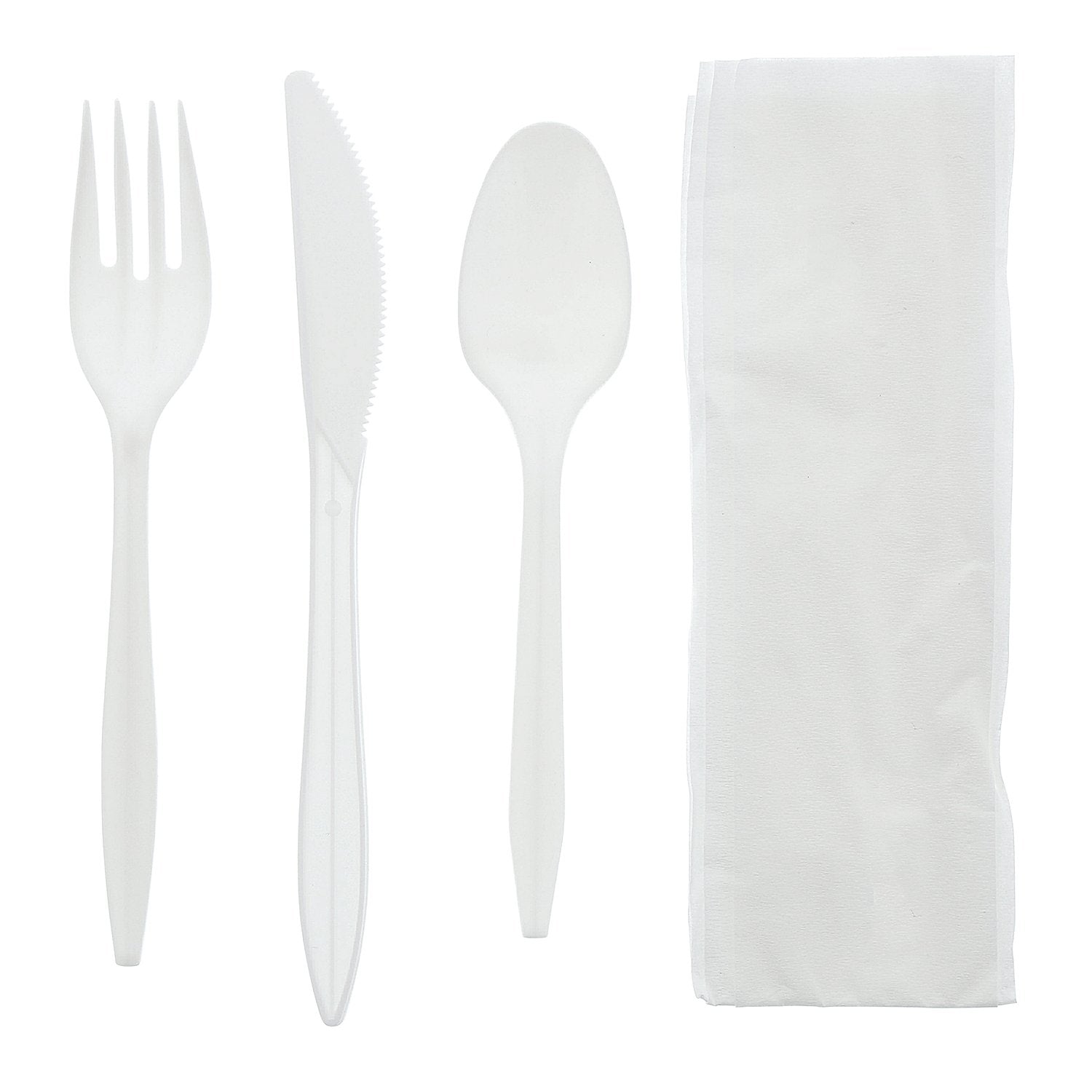 AmerCareRoyal 4-in-1 Disposable Silverware Medium Weight Plastic Utensil Set with Teaspoon, Fork, Knife and 12x13 inch Napkin - Individually Wrapped