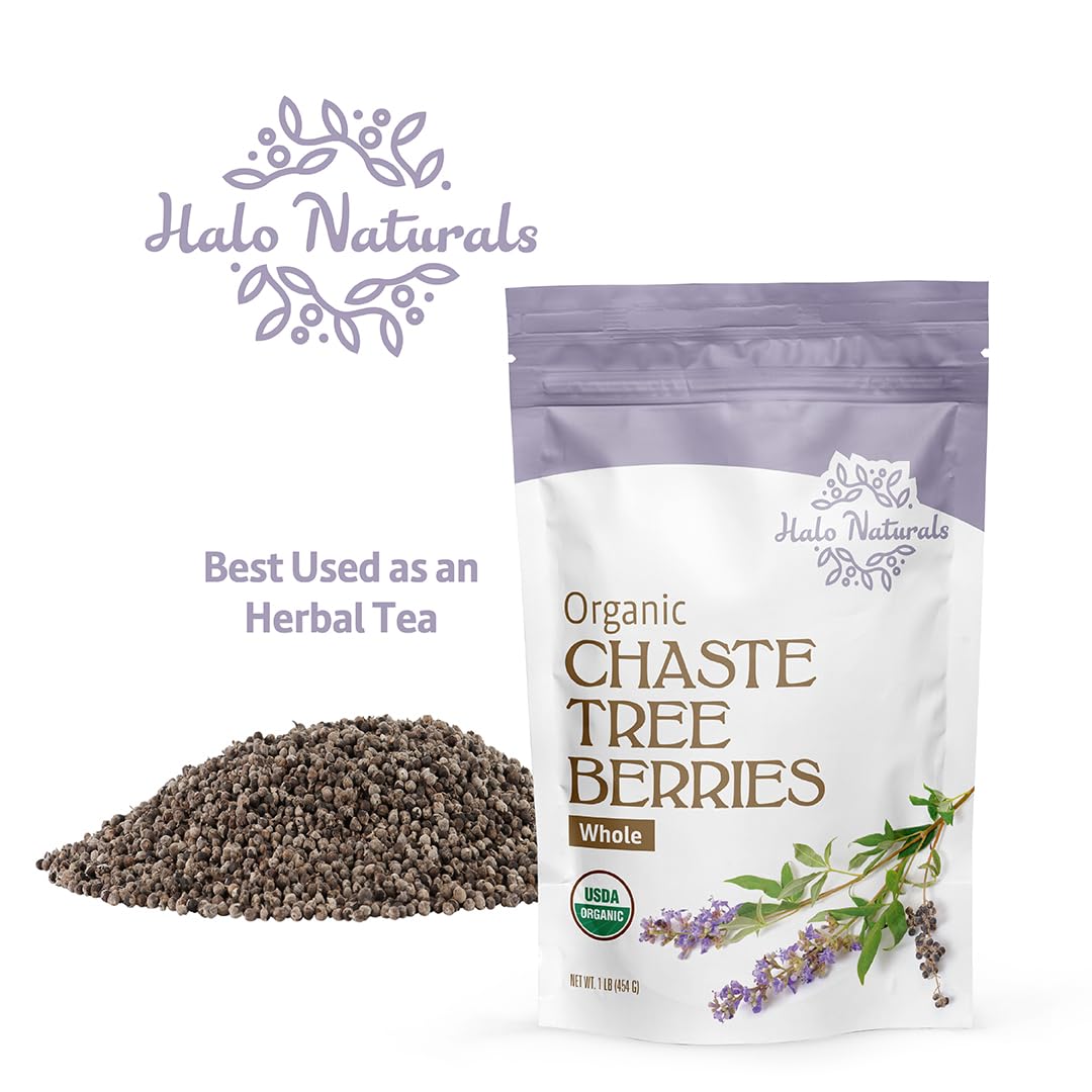 Halo Naturals Organic Chaste Tree Berries Whole Cut & Sifted, 1 Pound (Vitex agnus castus) USDA Certified | Resealable Pouch| Packaged in The USA