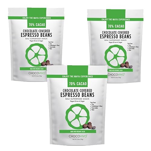 ChocoVivo Dark Chocolate Covered Coffee Beans 70% Cacao, Superfood Snack - Paleo + Keto Friendly, 2.5 Ounces Each - 3pack