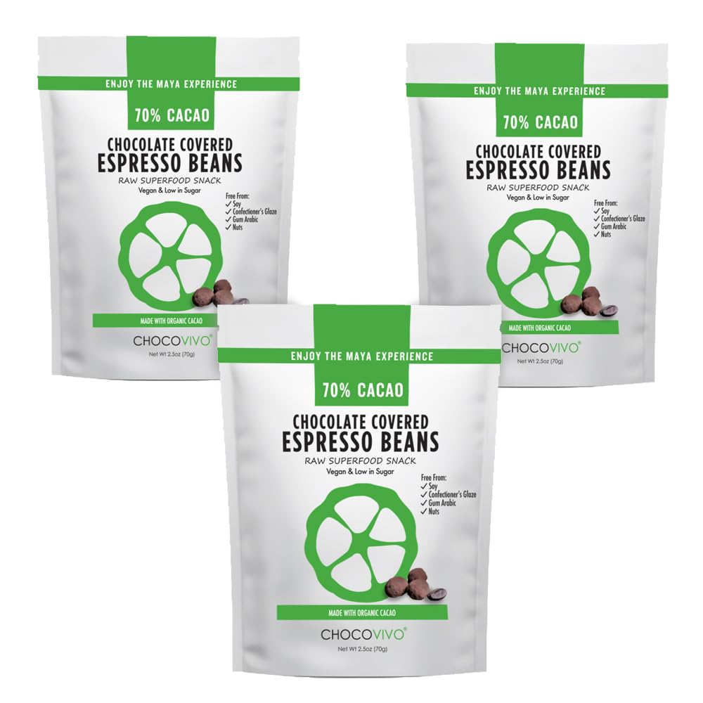 ChocoVivo Dark Chocolate Covered Coffee Beans 70% Cacao, Superfood Snack - Paleo + Keto Friendly, 2.5 Ounces Each - 3pack