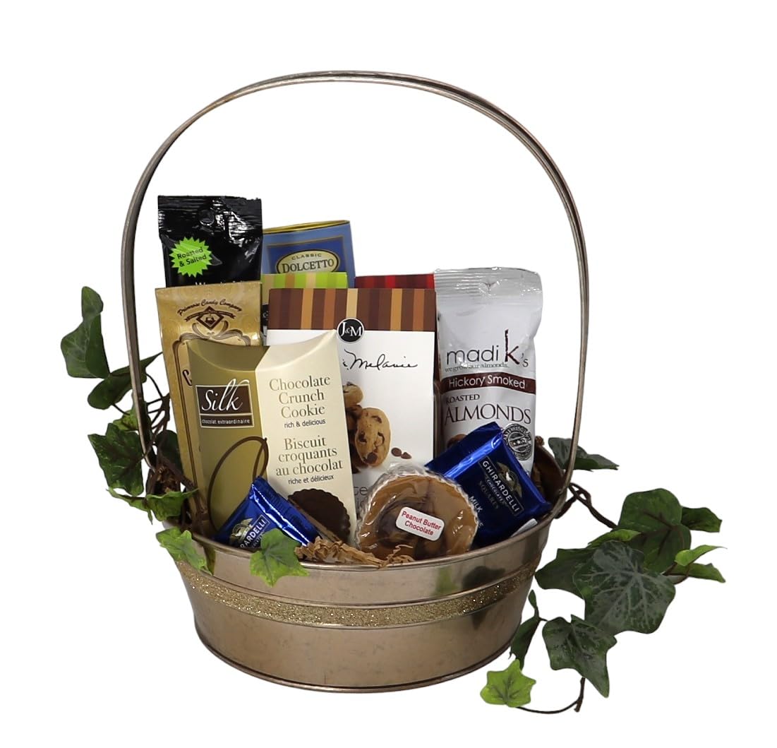 Gift Basket Village: Golden Elegance Medium - Luxurious Assortment of Cookies, Nuts, Wafer Rolls, Chocolates & Candy, Ideal Gift