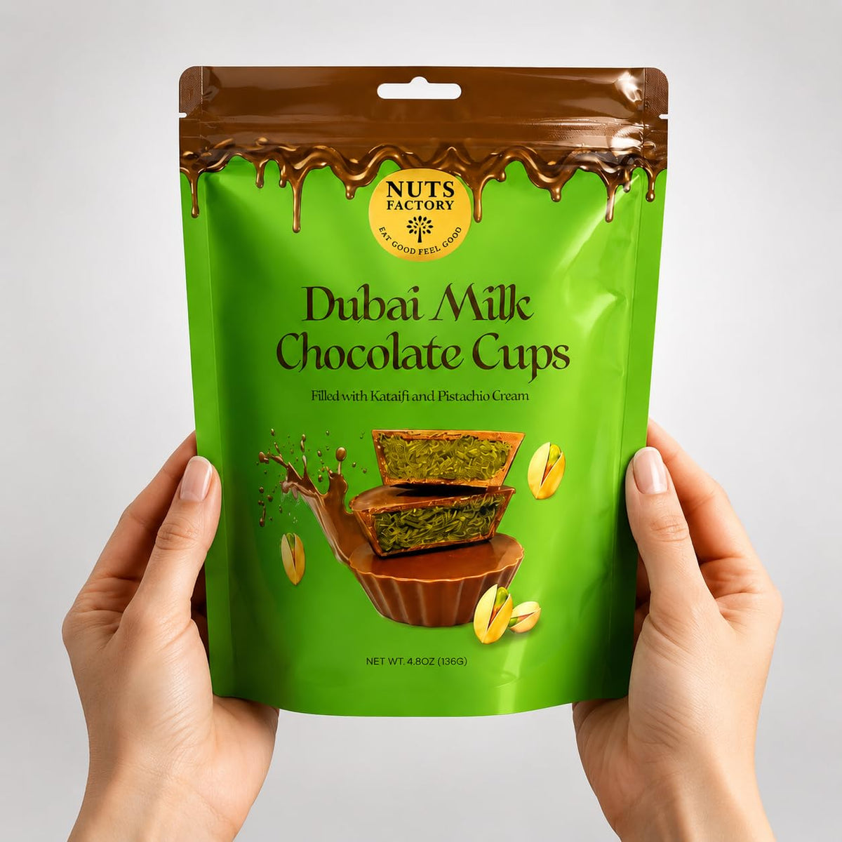 Nuts Factory Dubai Style Milk Chocolate Cups, Pistachio Cream & Crispy Kataifi Filling, Gourmet Filled Chocolate Dessert Treats, Resealable Pouch, 4.8