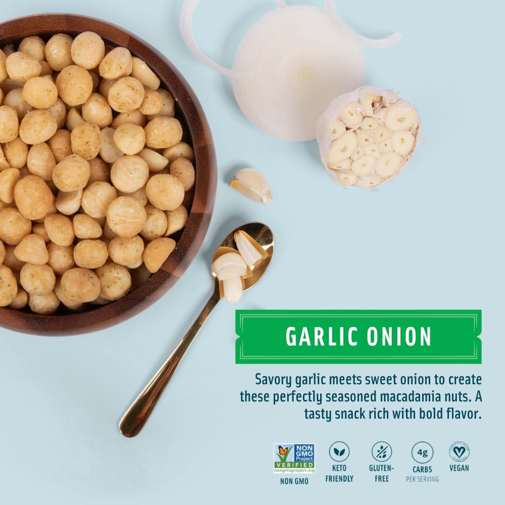 Mauna Loa Garlic Onion Roasted Macadamia Nuts, 12 Pack of 1 oz Single Serve Snack Bags, Keto Friendly, Gluten Free, Savory Healthy Snack