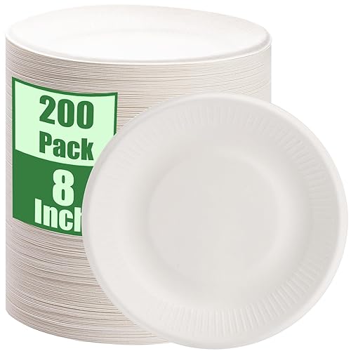PUREZON 200 Pack Disposable Paper Plates, 8 Inch Compostable Biodegradable Plate, Heavy Duty Sugarcane Bagasse Plates(White)