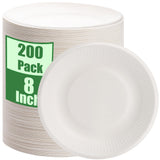 PUREZON 200 Pack Disposable Paper Plates, 8 Inch Compostable Biodegradable Plate, Heavy Duty Sugarcane Bagasse Plates(White)