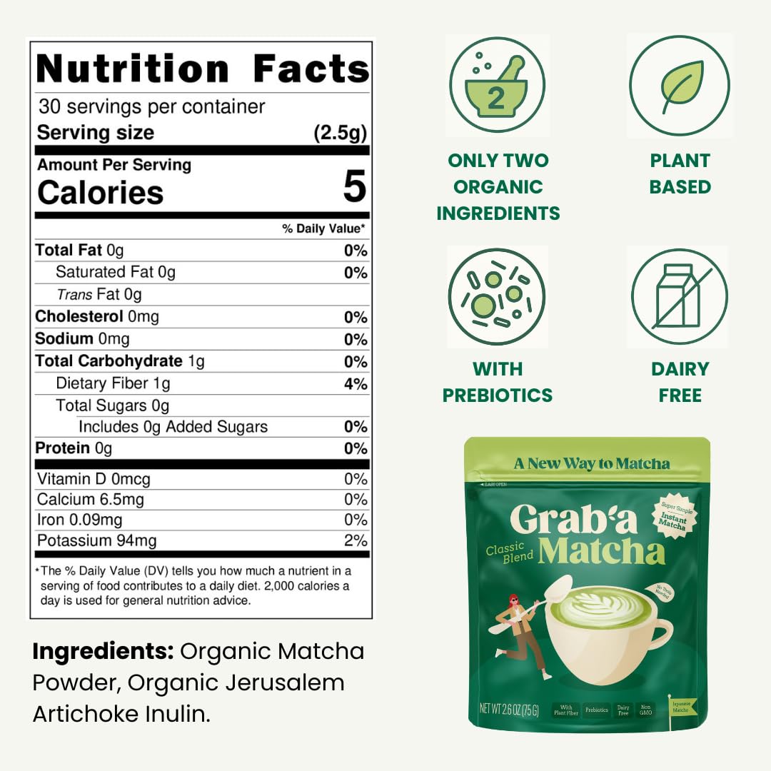 Grab’a Matcha Organic Instant Matcha Green Tea Powder with Prebiotics, Unsweetened, Easy to Make Matcha Latte Mix, Gift for Tea Lovers, 30 Servings