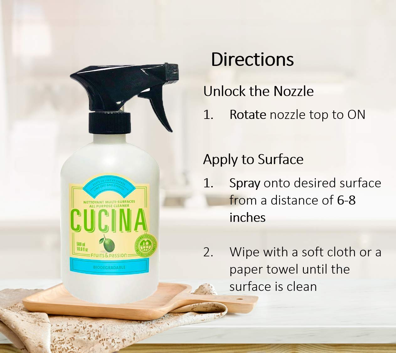 Fruits and Passion Cucina Biodegradable Water Based All Purpose Cleaner Household Multi-Surface Spray Bottle Cleaner 500 Milliliter (Lime Zest