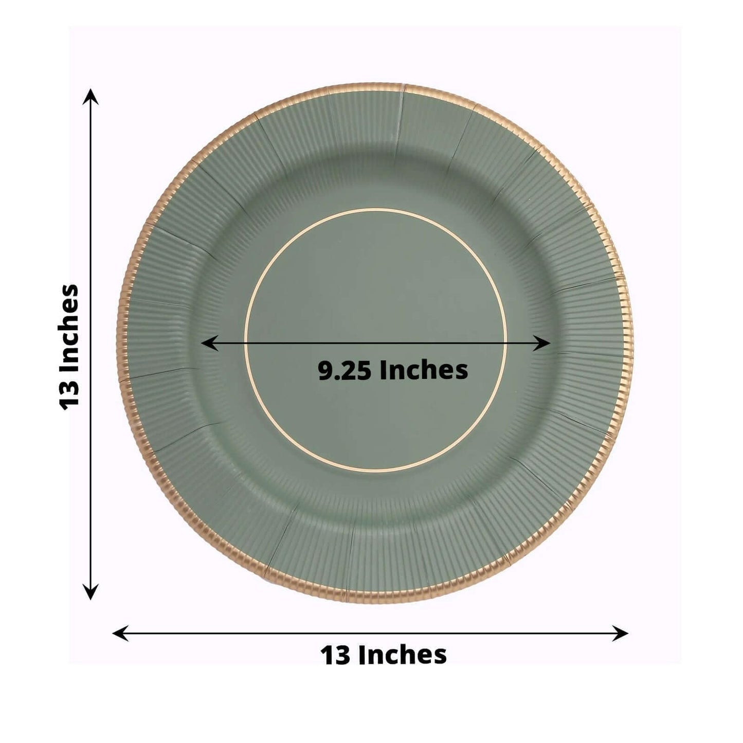 TCF Linen 25 Pack 13" Disposable Charger Plates, Paper Placemat Sage Green Sunray Design with Gold Rim - 350GSM Heavy Duty Round Plates for Events
