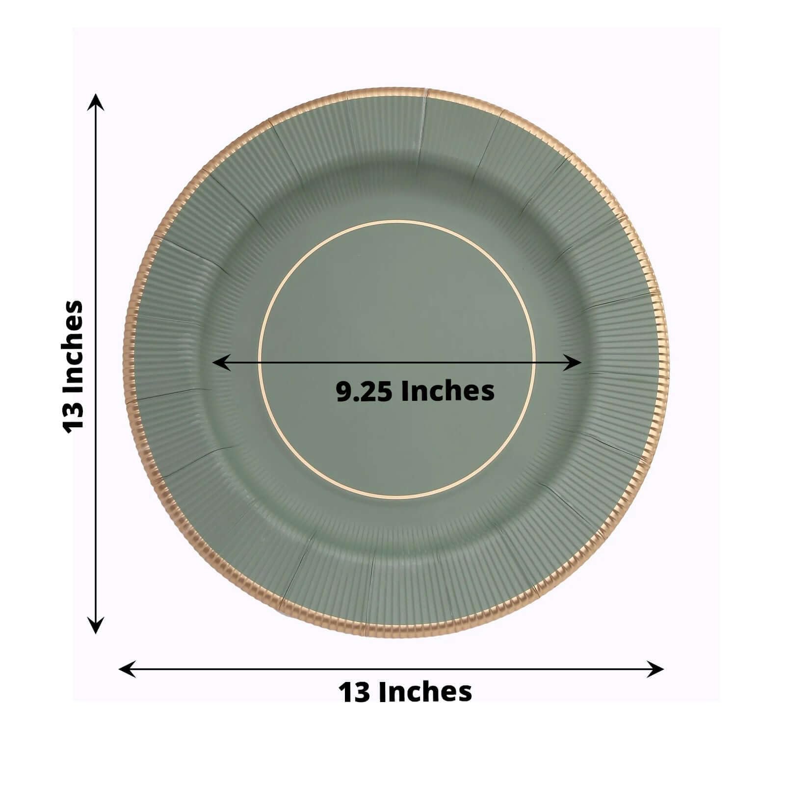 TCF Linen 25 Pack 13" Disposable Charger Plates, Paper Placemat Sage Green Sunray Design with Gold Rim - 350GSM Heavy Duty Round Plates for Events