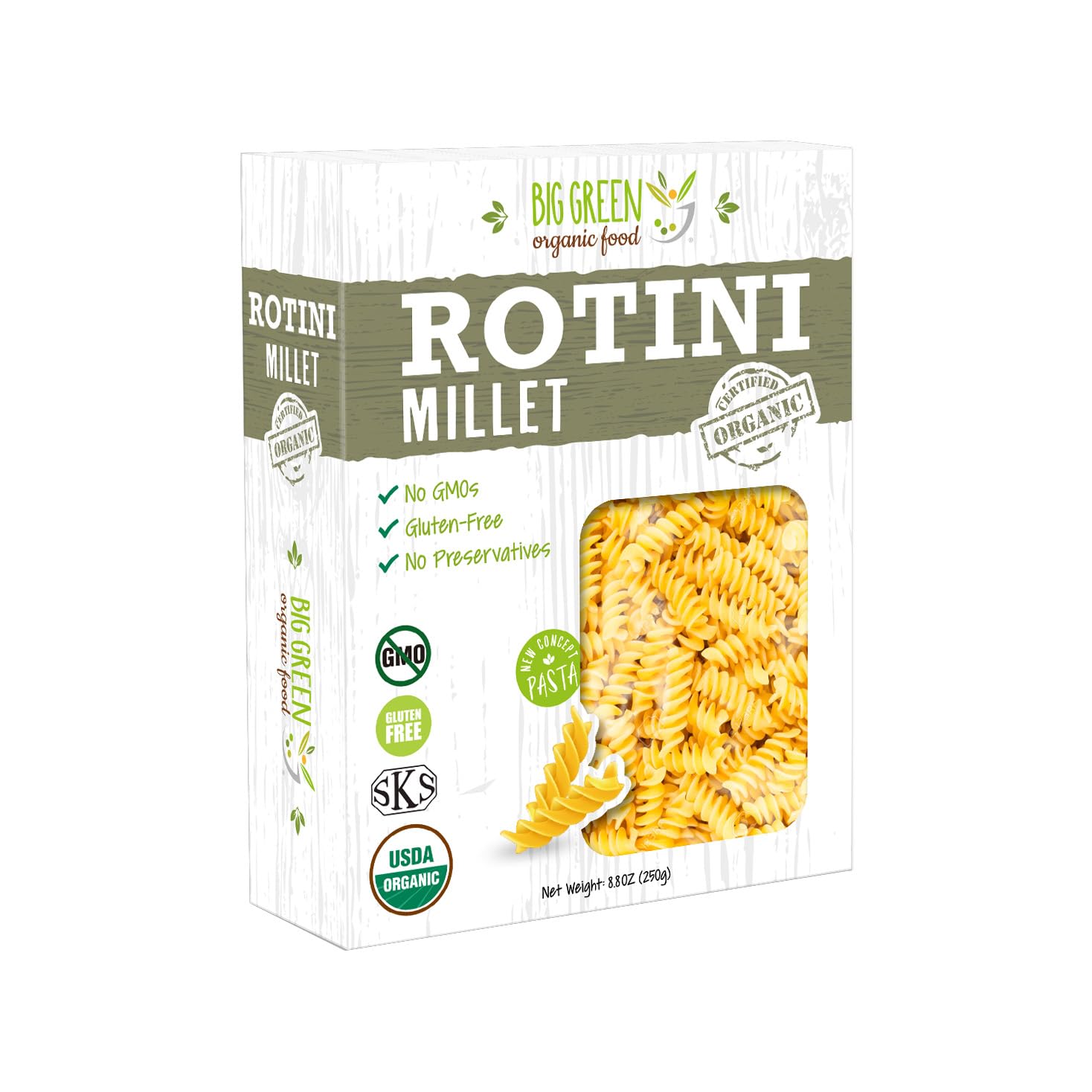 Big Green Organic Food- Organic Millet Rotini, 8.8oz, Gluten-Free, Non-GMO, Vegan (3)