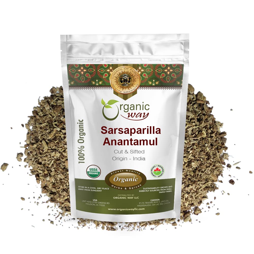 Organic Way Sarsaparilla/Anantamul Root (Hemidesmus indicus) Cut & Sifted - Herbal Tea | USDA & Kosher Certified | Vegan, Non GMO & Gluten Free |