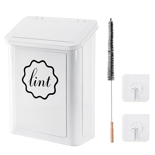 Sugoods Magnetic Lint Trash Can, Metal Wall Mounted Lint Bin with Lid for Dryer, Laundry Room Organization, Lint Basket with Extended Soft Brush