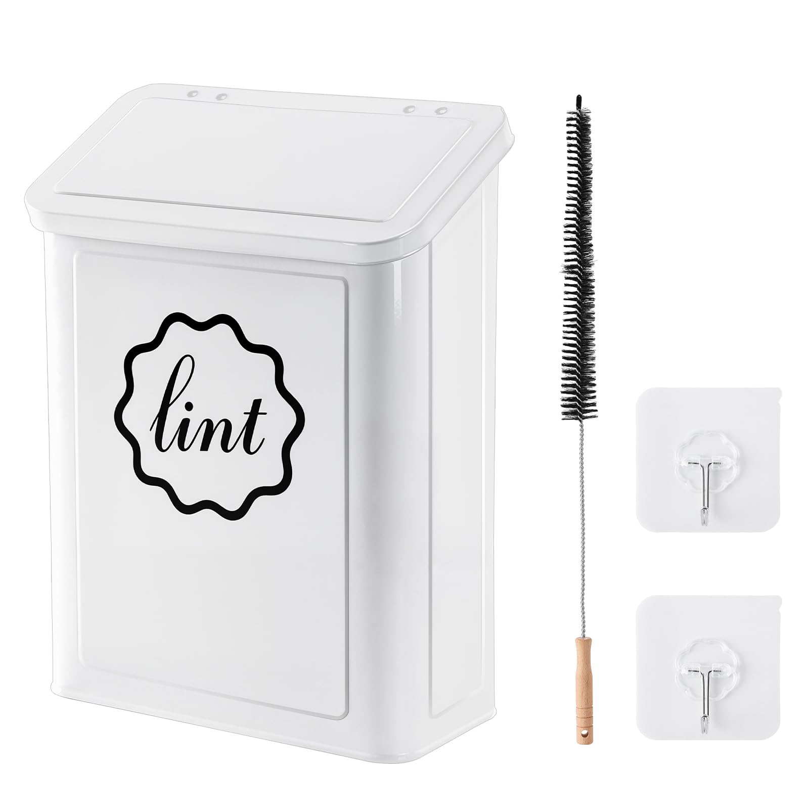 Sugoods Magnetic Lint Trash Can, Metal Wall Mounted Lint Bin with Lid for Dryer, Laundry Room Organization, Lint Basket with Extended Soft Brush