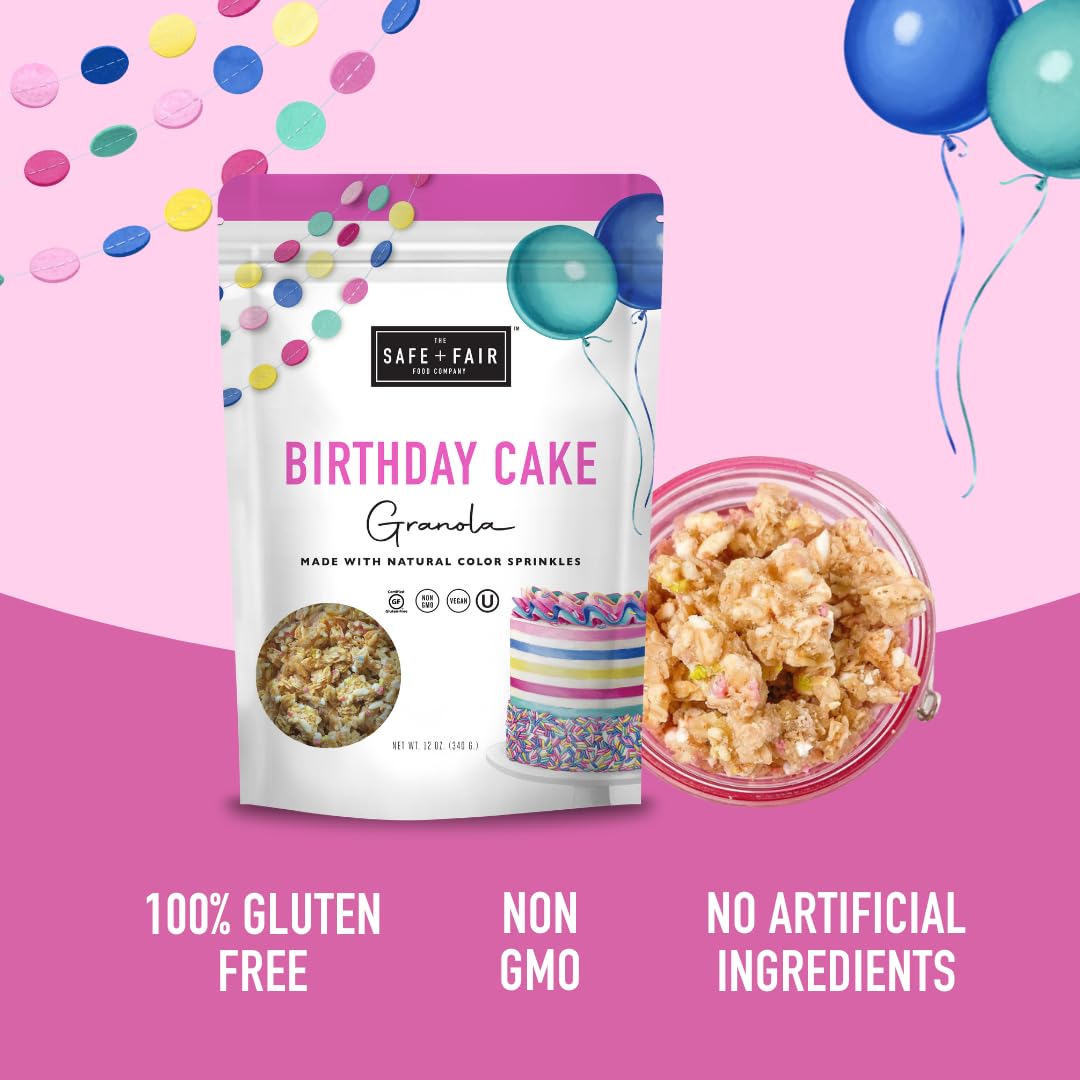 Safe + Fair Birthday Cake Granola - Gluten-Free, Vegan & Plant-Based Snack with Natural Sprinkles - 0g Trans Fat, Non-GMO, Kosher, Allergen-Free