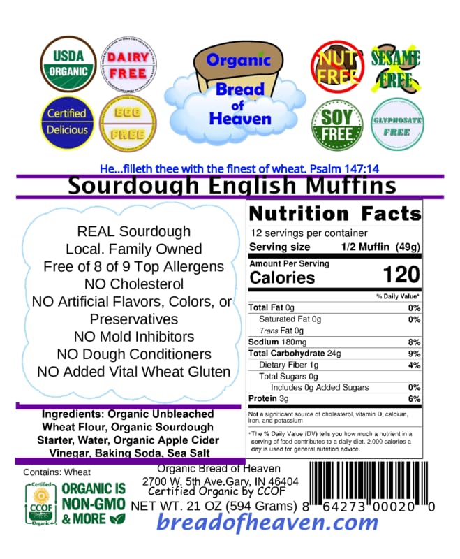 Organic Bread of Heaven ~ Sourdough English Muffins 2 pkgs of 6~ USDA Organic