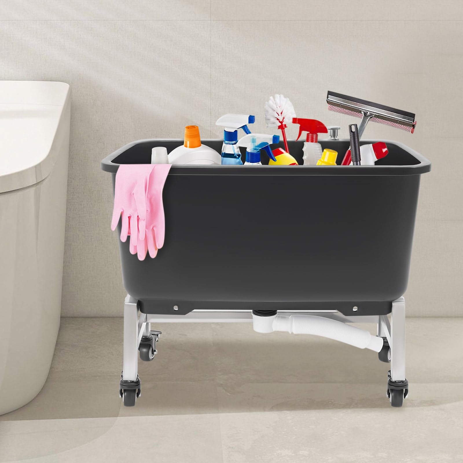 Portable Mop Sink w/Wheels Plastic Utility Sink Basin Freestanding Mop Bucket for Laundry Room, Garage, Basement, Garden, One-Touch Drain Function