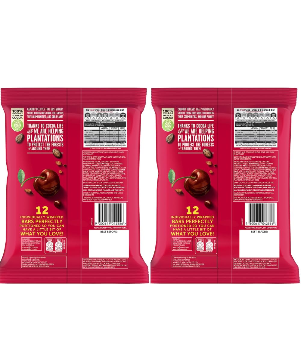 Cadbury Cherry Ripe Chocolate Share Pack - 2 Packs of 12 Bars (180g Each) - Made in Australia