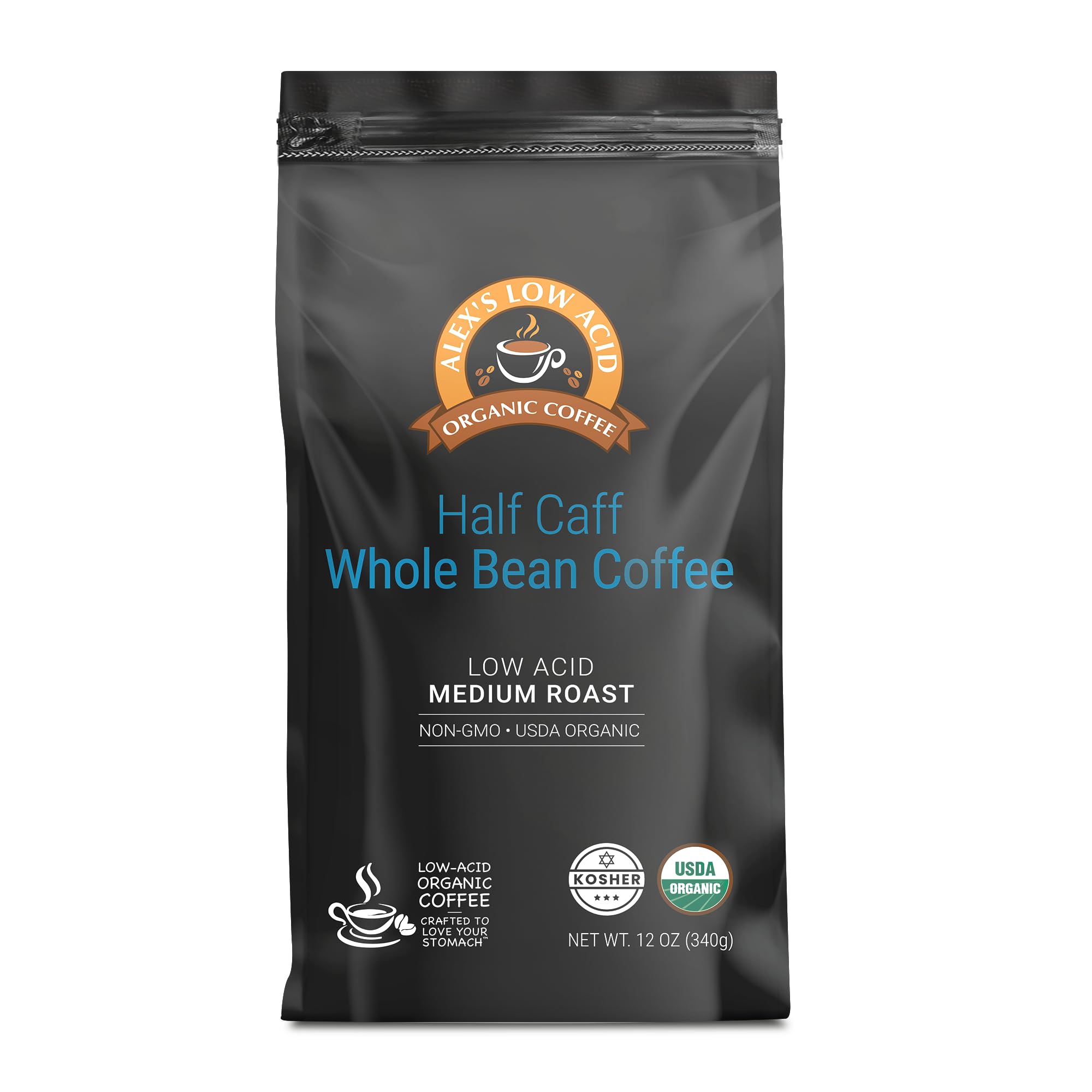 Alex's Low Acid Organic Coffee 12oz Bag - Half Caff Whole Bean (Pack of 3)