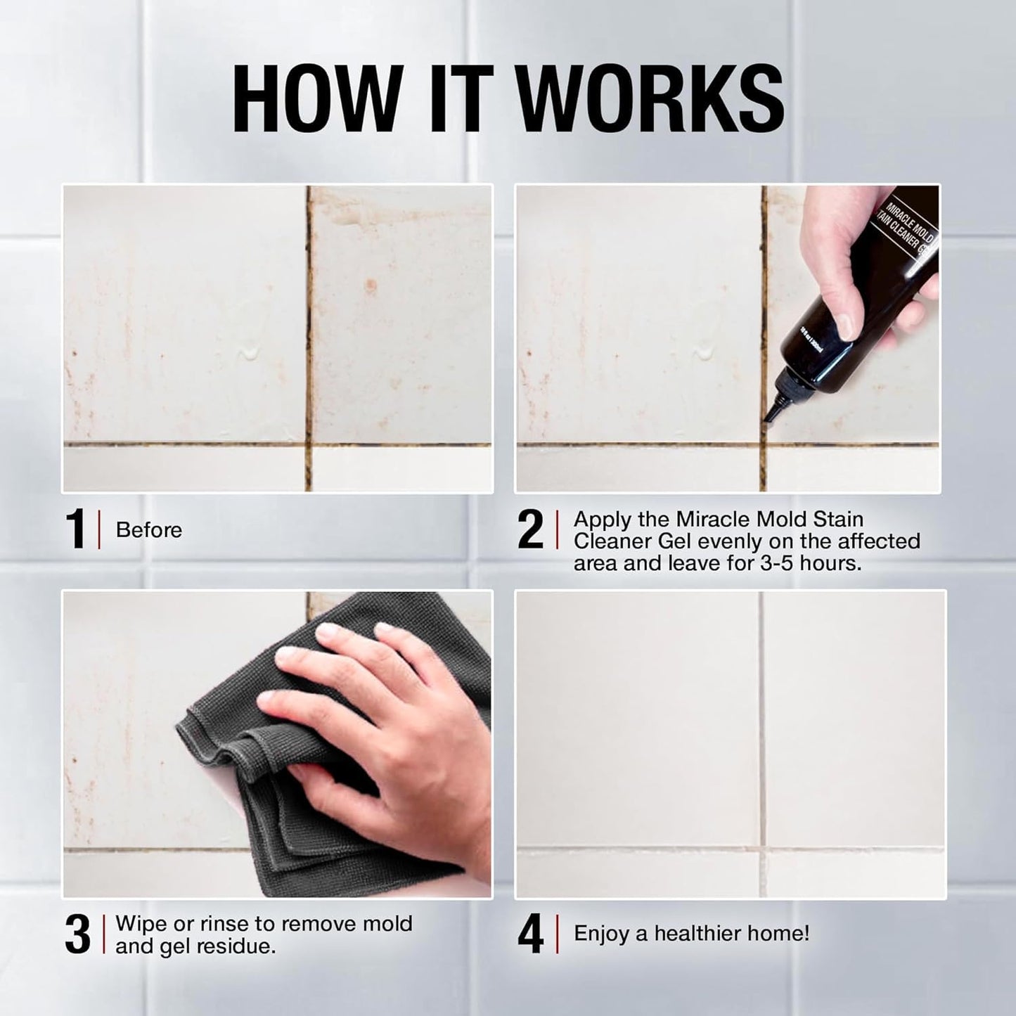 GlassGuard Miracle Mold Stain Remover Stain Gel - Heavy Duty Cleaning Gel for Grouts, Ceramic, Glass, Silicone, Caulk & More - Washing Machine Cleaner