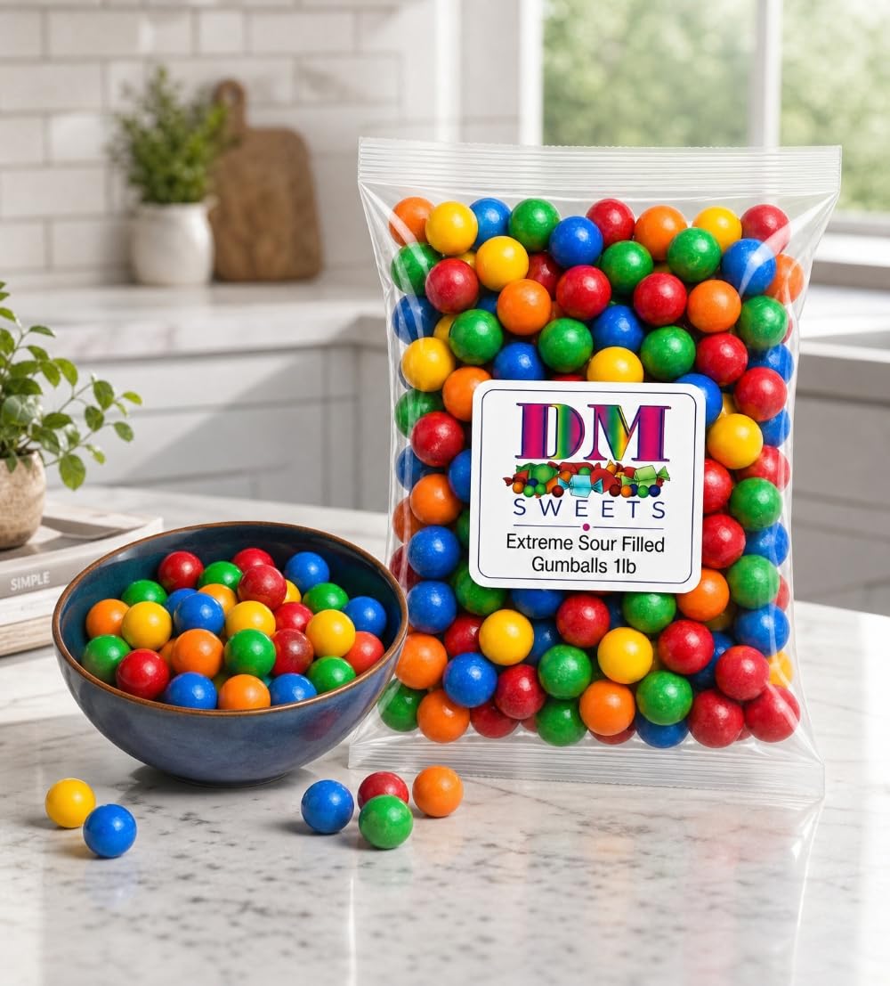 Extreme Sour FIlled Gumballs - 1 lb of 1" Tangy Fruit Flavored Gumballs with Sour Powder Inside