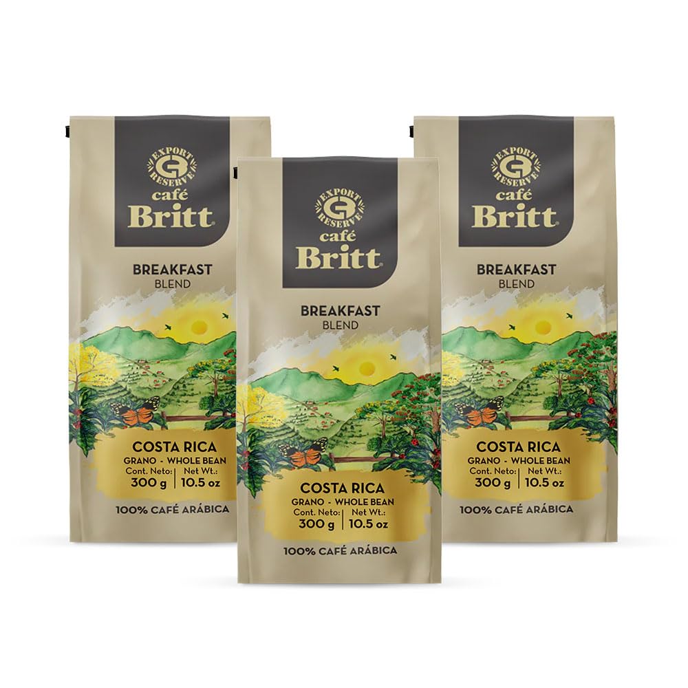 Café Britt® - Costa Rican Breakfast Blend Coffee (10.5 oz.) (3-Pack) - Whole Bean, Arabica Coffee, Kosher, Gluten Free, 100% Gourmet & Medium Dark