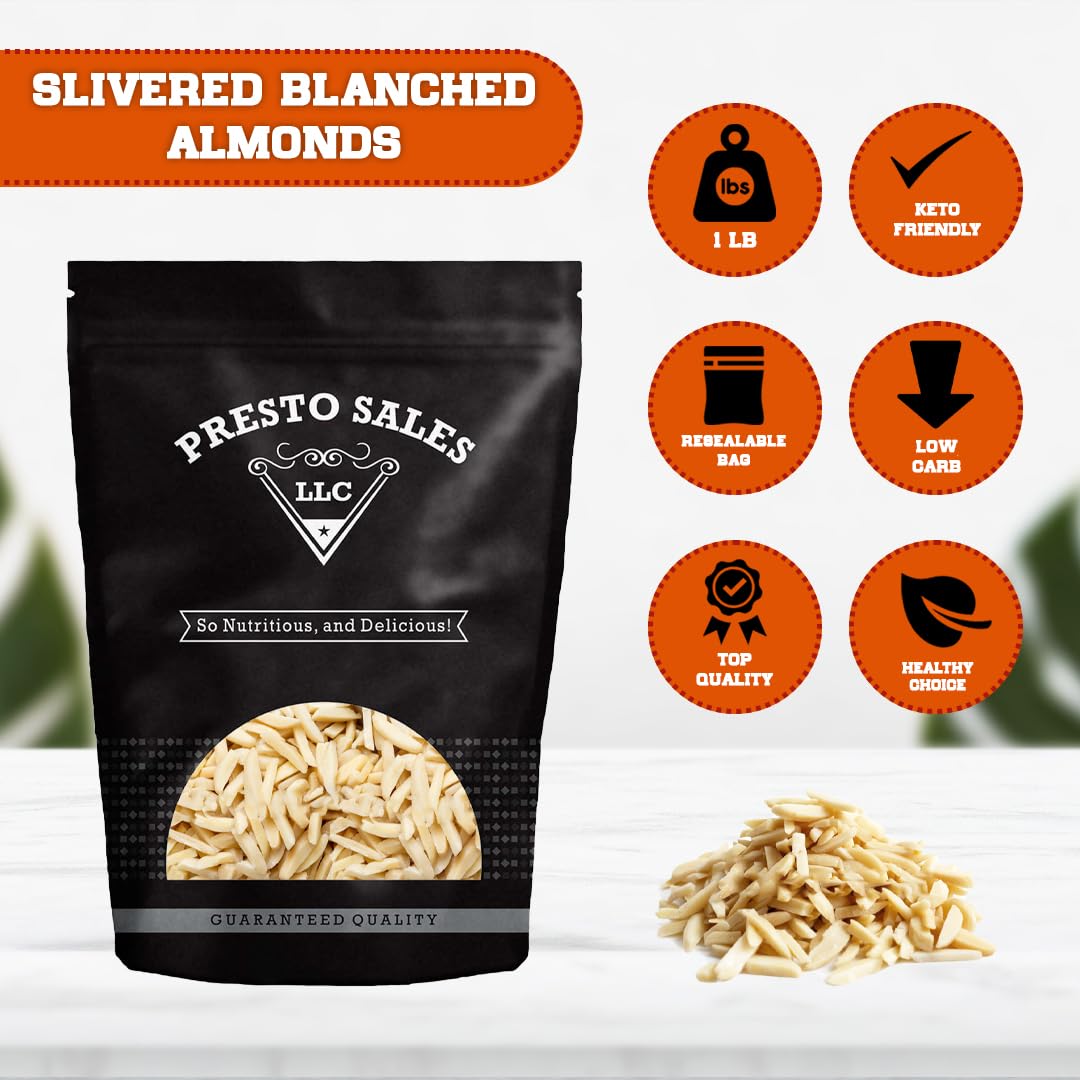 Presto Sales Almonds "FRESH 2024 crop year" Slivered Raw, 16 oz | All Natural Blanched Almonds | High Protein, Keto | perfect low-cholesterol