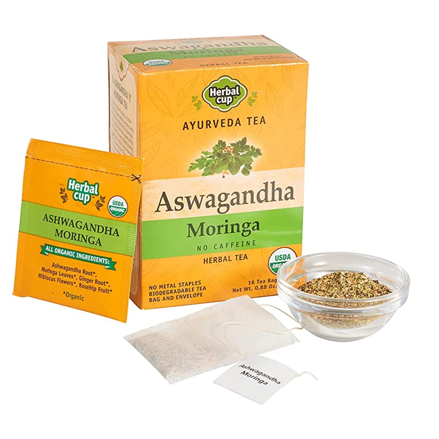 Herbal Cup Ashwagandha Tea, Organic Moringa Tea, No Caffeine Herbal Teas (Organic Moringa, 16 Count) (16 Count (Pack of 6))