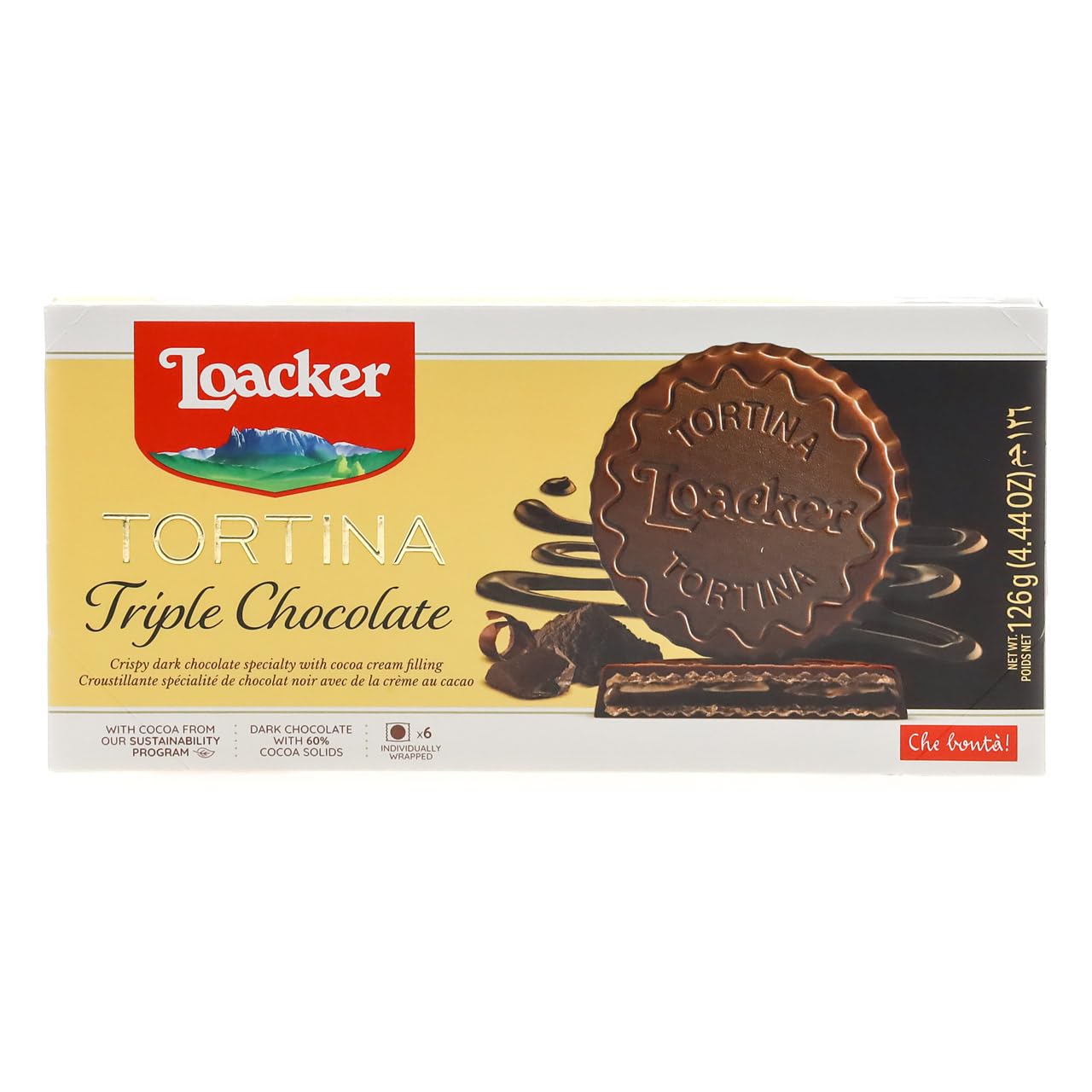 Loacker Tortina Triple Chocolate - Individually Wrapped Premium Dark Chocolate Enrobed Crispy Cocoa Wafer Tartlets with Cocoa Cream Filling - Pack