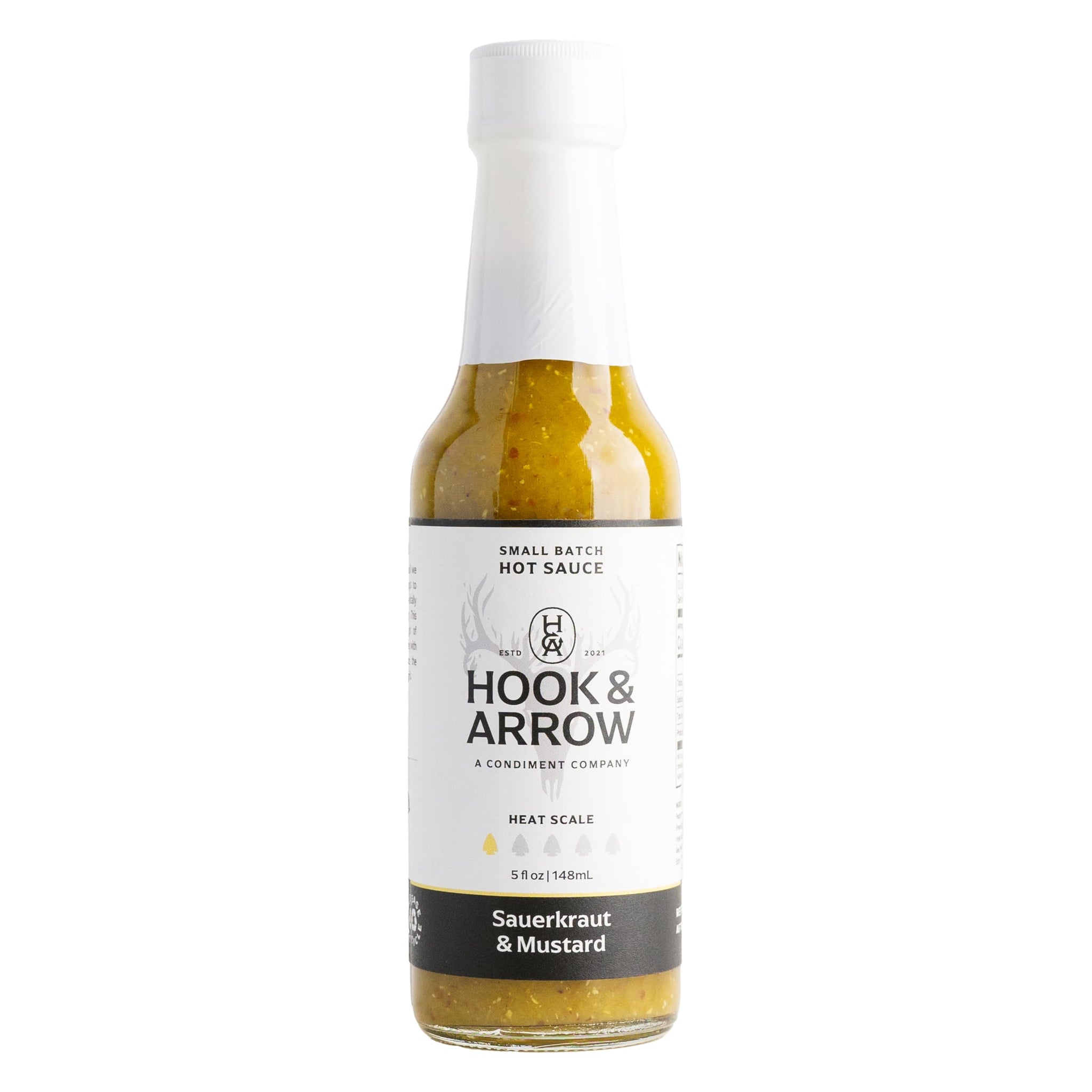 Hook & Arrow Sauerkraut & Mustard Hot Sauce - Low Sugar Mild Spicy Sauce with Brown Mustard, Gluten-Free, Vegan, Paleo (5 fl oz, 30 Servings)