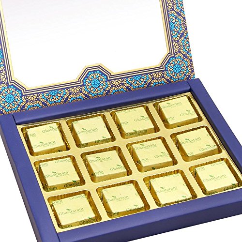 Ghasitaram Gifts Chocolates - 12 pcs Blue Printed Roasted Almond Chocolates Box