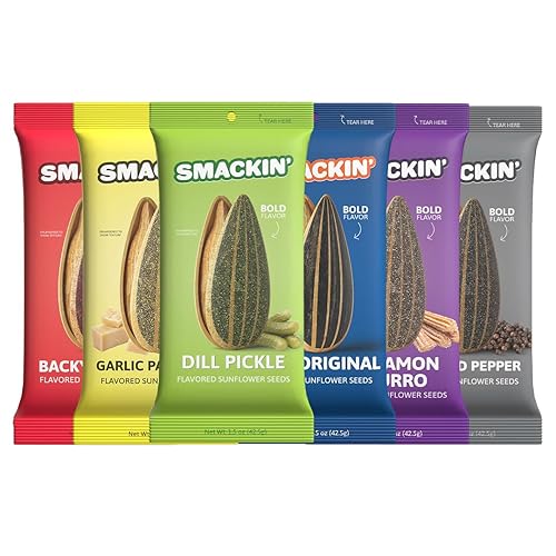 SMACKIN' Sunflower Seeds, Roasted Jumbo Small-Batch, American Made - 6 Flavor Variety. 1.5oz bags (6 Bags)