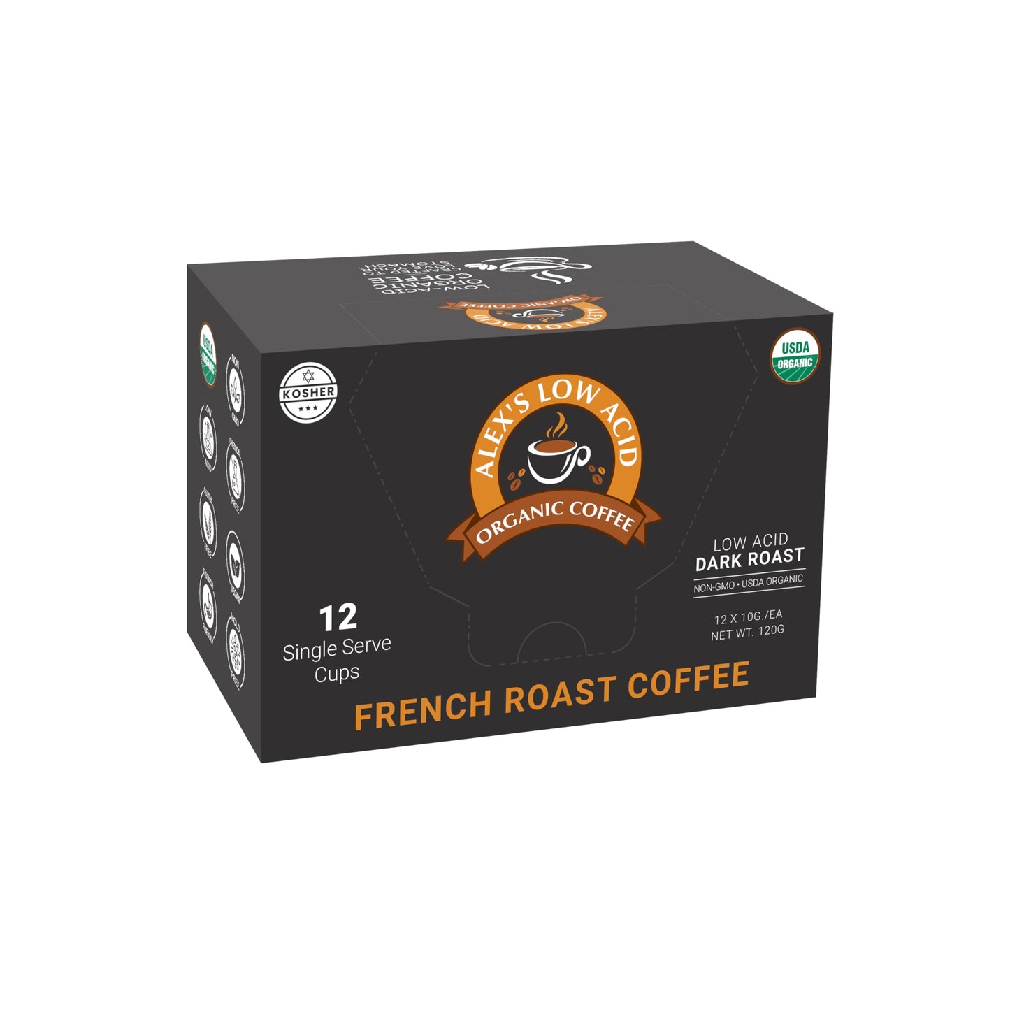 Alex’s Low Acid Organic Coffee | Created to Limit Heartburn, Acid Reflux & Stomach Irritation | French Roast | Pack of 12 K-Cups