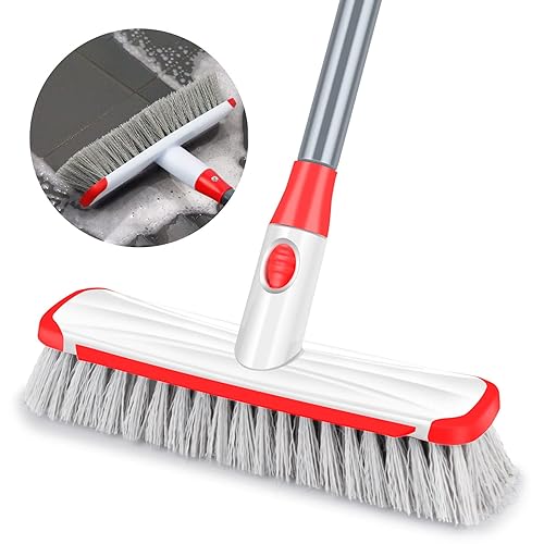 Floor Scrub Brush with Long Handle, Scrubbing Brush Squeegee Broom for Cleaning, 2 in1 Stiff Bristle Shower Scrubber Floor Squeegee for Pool Wall