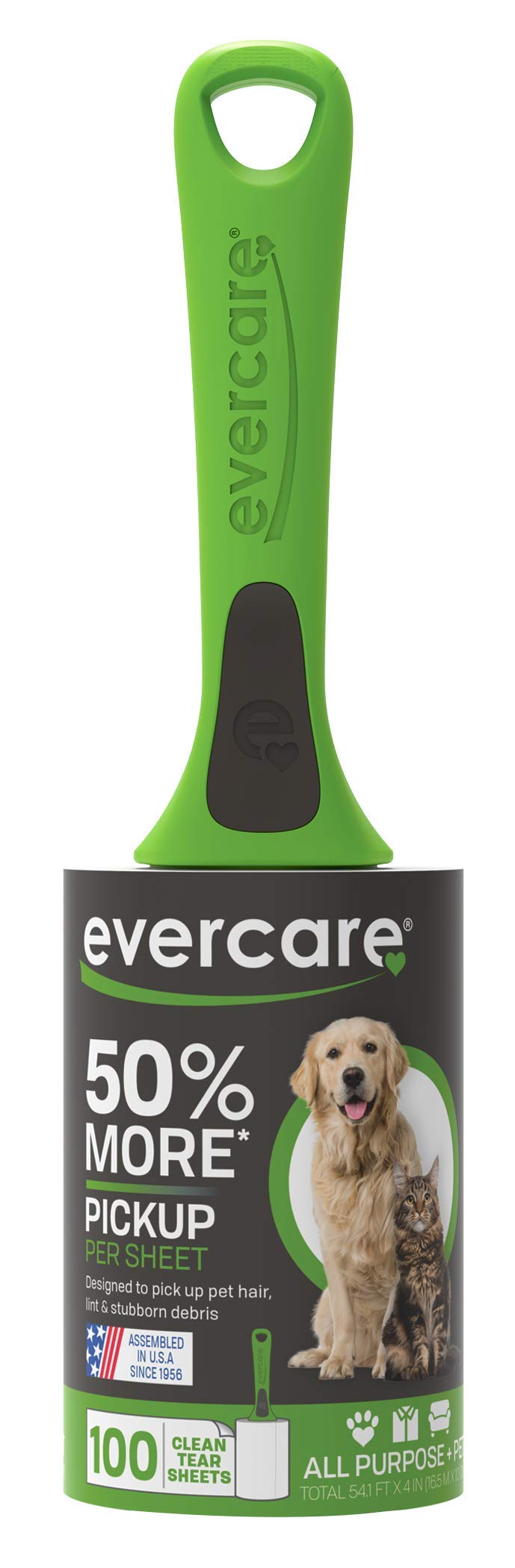 Evercare Pet Hair Lint Rollers All Purpose Use 100 Easy-Tear Sheets Per Roll Reusable Sticky Roller Pets Cat & Dog Hair Remover Contoured Handle