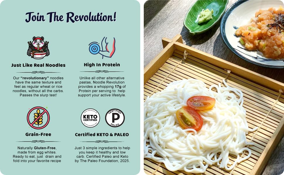 Noodle Revolution - Keto Noodles (Just 2G Carbs), Made From Egg Whites, 17G Protein, Taste & Texture Just Like Real Noodles, Ready To Eat, Keto
