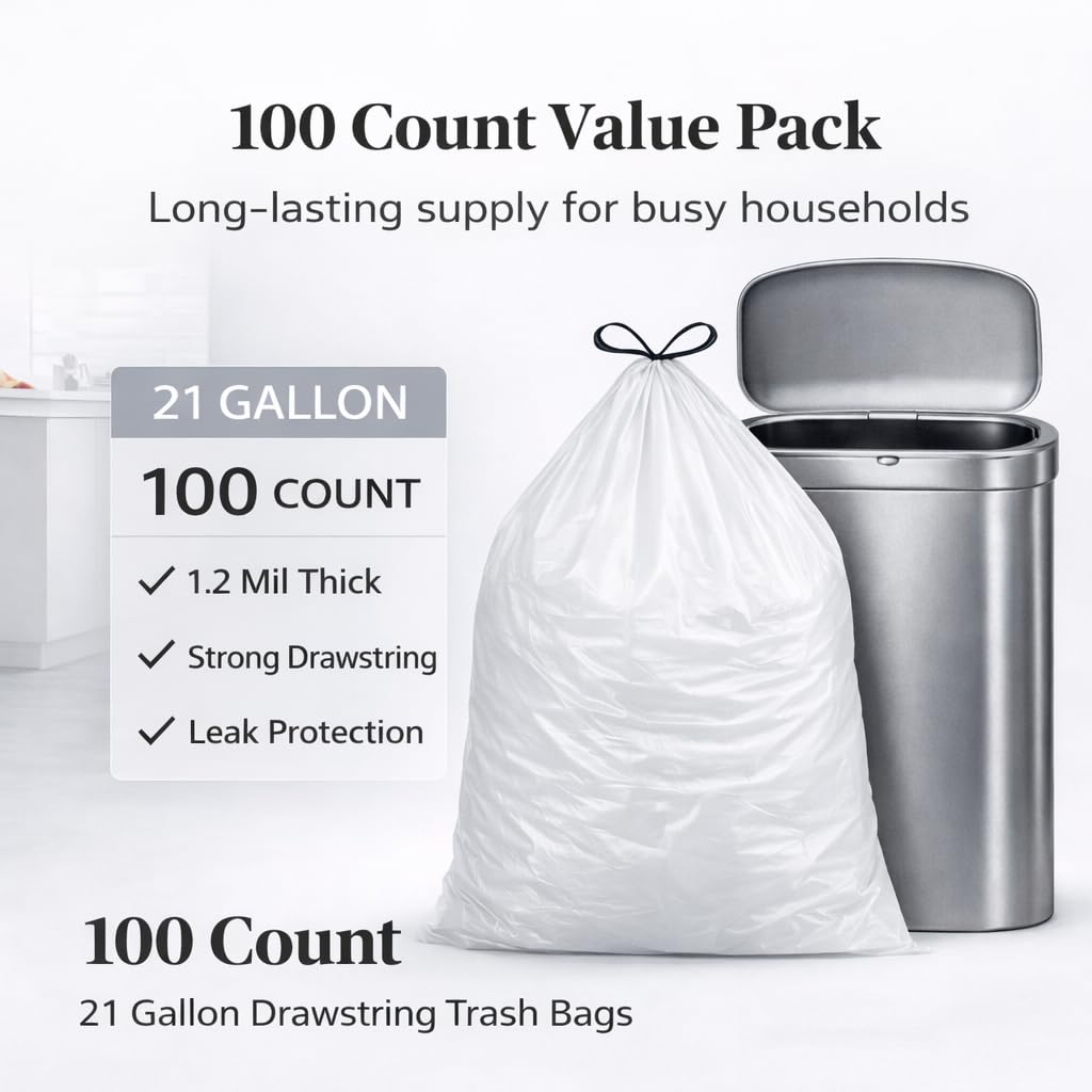 CEDARRA 21 Gallon Drawstring Trash Bags, 100 Count Extra Strong Drawstring Kitchen Garbage Bags, Fit for 80 Liter / 21.1 Gal, Tear-Resistant Unscented