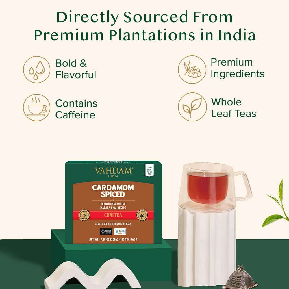VAHDAM, Cardamom Masala Chai Tea Bags (100 Count) Non GMO, Gluten Free, No Artificial Flavor | Blended w/Exotic Spices | Chai Tea | Resealable Ziplock