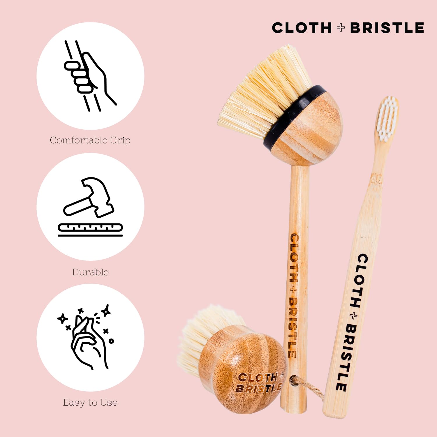 CLOTH & BRISTLE Bamboo Cleaning Brush Combo Set, Versatile Dish Scrub, Pot, and Detail Brushes for Kitchen, Grout, and Household Cleaning, Sustainable