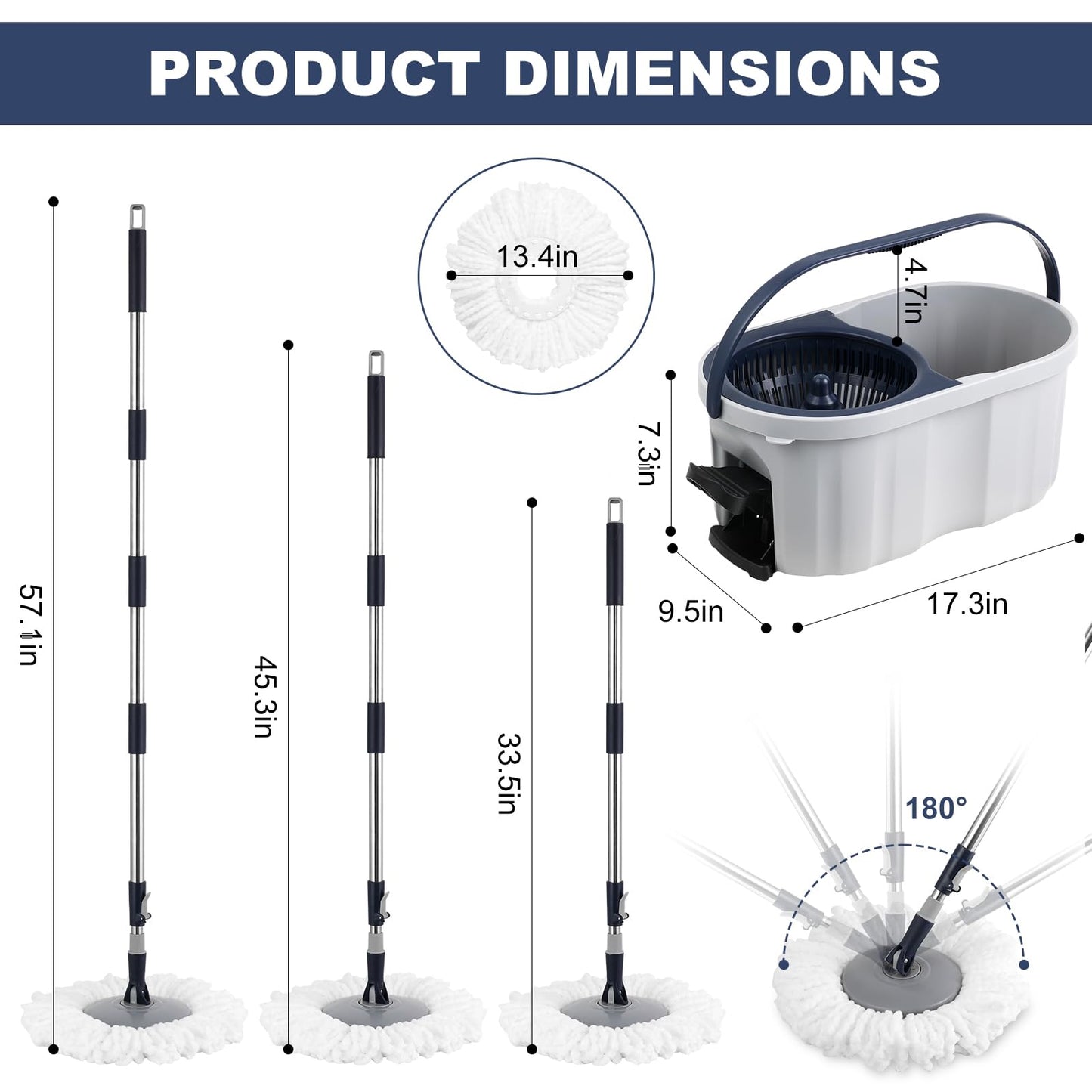 Spin Mop and Bucket System with180-Degree Rotating Head Telescopic Handle Dual Chamber Bucket Floor Cleaning Set with 3 Mop Refills Dual-Function