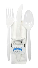 White Medium Weight Plastic Cutlery Kit with a Fork, Knife, Tea Spoon, Paper napkin, Salt and Pepper 250 - Kits (6 Piece Kit)