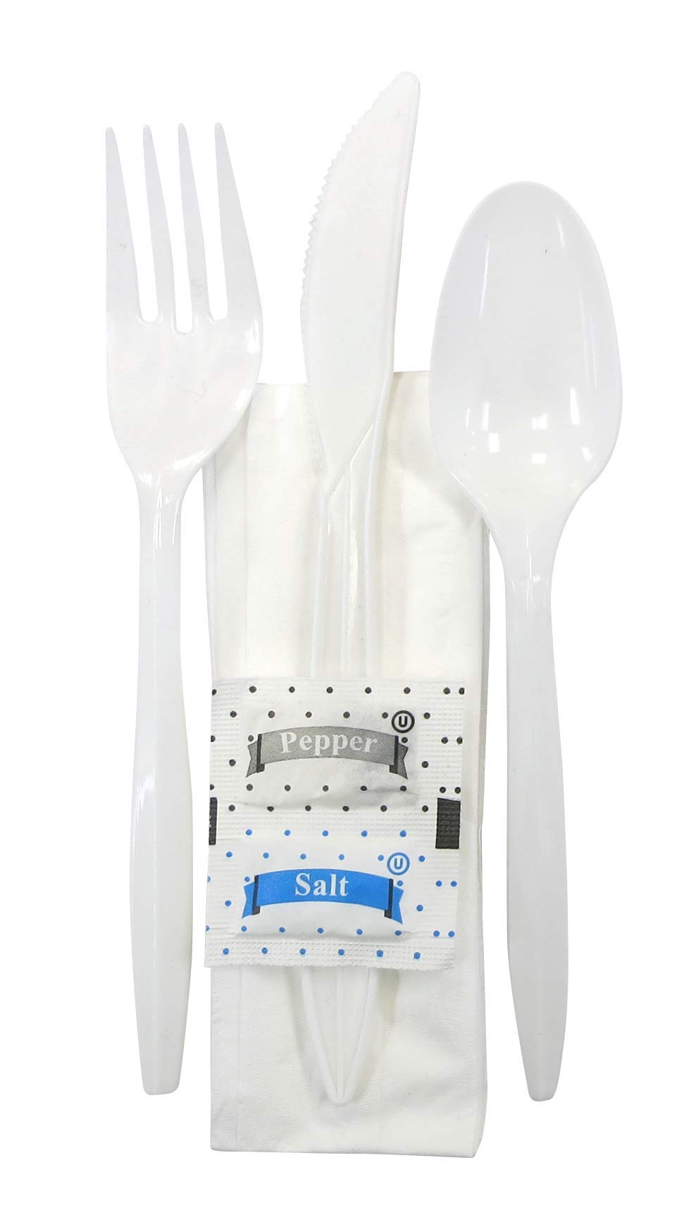 White Medium Weight Plastic Cutlery Kit with a Fork, Knife, Tea Spoon, Paper napkin, Salt and Pepper 250 - Kits (6 Piece Kit)