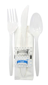 White Medium Weight Plastic Cutlery Kit with a Fork, Knife, Tea Spoon, Paper napkin, Salt and Pepper 250 - Kits (6 Piece Kit)