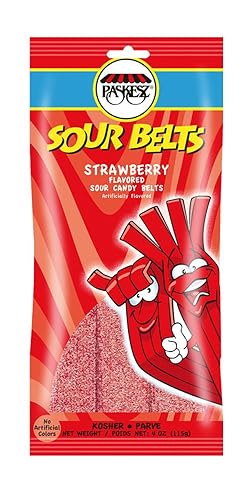 Only Kosher Candy Strawberry Flavored Sour Candy Belts, Kosher Certified Nut Free Candy and Kosher Parve (4oz), Pack of 6