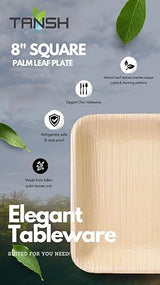 TANSH Compostable 8 Inch Palm Leaf (Areca) Square Plates (50 Count), Biodegradable, Eco-Friendly, Microwave & Oven Safe