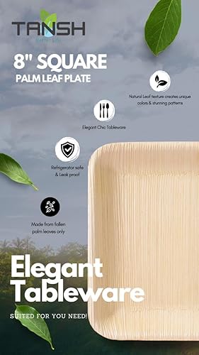 TANSH Compostable 8 Inch Palm Leaf (Areca) Square Plates (50 Count), Biodegradable, Eco-Friendly, Microwave & Oven Safe