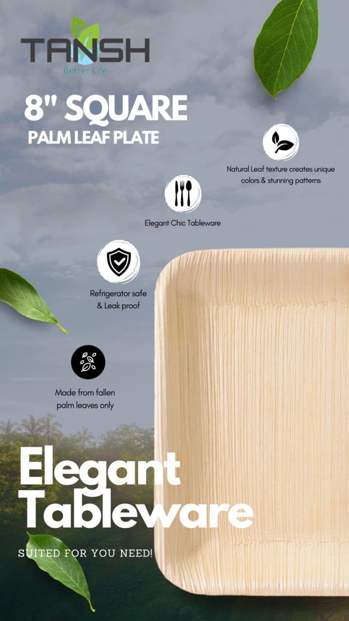 TANSH Compostable 8 Inch Palm Leaf (Areca) Square Plates (50 Count), Biodegradable, Eco-Friendly, Microwave & Oven Safe