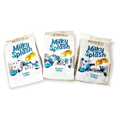 Roshen Milky Splash, Caramel Creamy Toffee with Milk Filling, 5.29oz/150grams Pack of 3