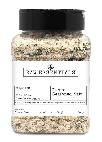 Raw Essentials Lemon Seasoned Salt - Citrus Salt Blend - Coarse Finishing Salt for Fish, Chicken, Vegetables, Salads & Pasta - Vegan, Non GMO - 11 oz