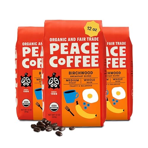 Peace Coffee Birchwood Breakfast Blend Medium Roast Whole Bean Coffee, 12 oz, Pack of 3, Organic Fair Trade, Smooth, Mild Flavor, Shade Grown, Fresh